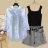 1303 black vest + blue shirt + gray shorts