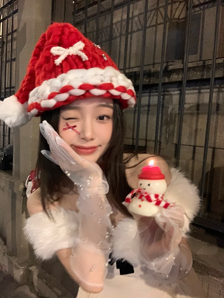 Christmas knit Christmas hat Winter bow woolen hat party photo decorations_voghion.com