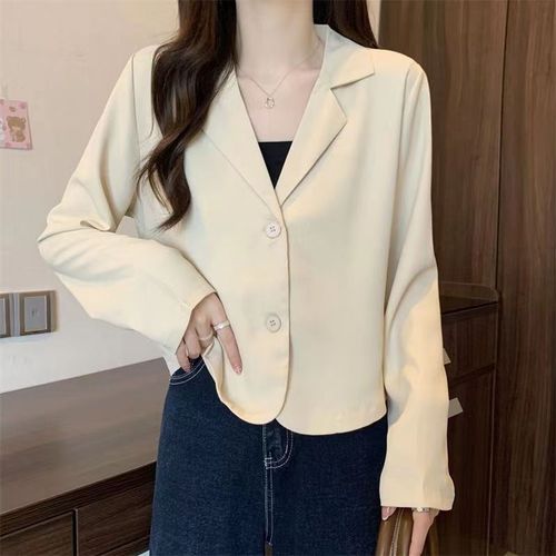 Women's Khaki Color Small Suit Jacket Spring and Autumn Korean Style Versatile High-end Short-Sleeve Top for Petite Figures