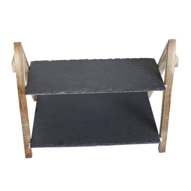 Japonés y coreano Placa de pizarra de bambú soporte de pastel plato de fruta de postre de dos capas hotel boda pastel de madera maciza soporte plato de sushi