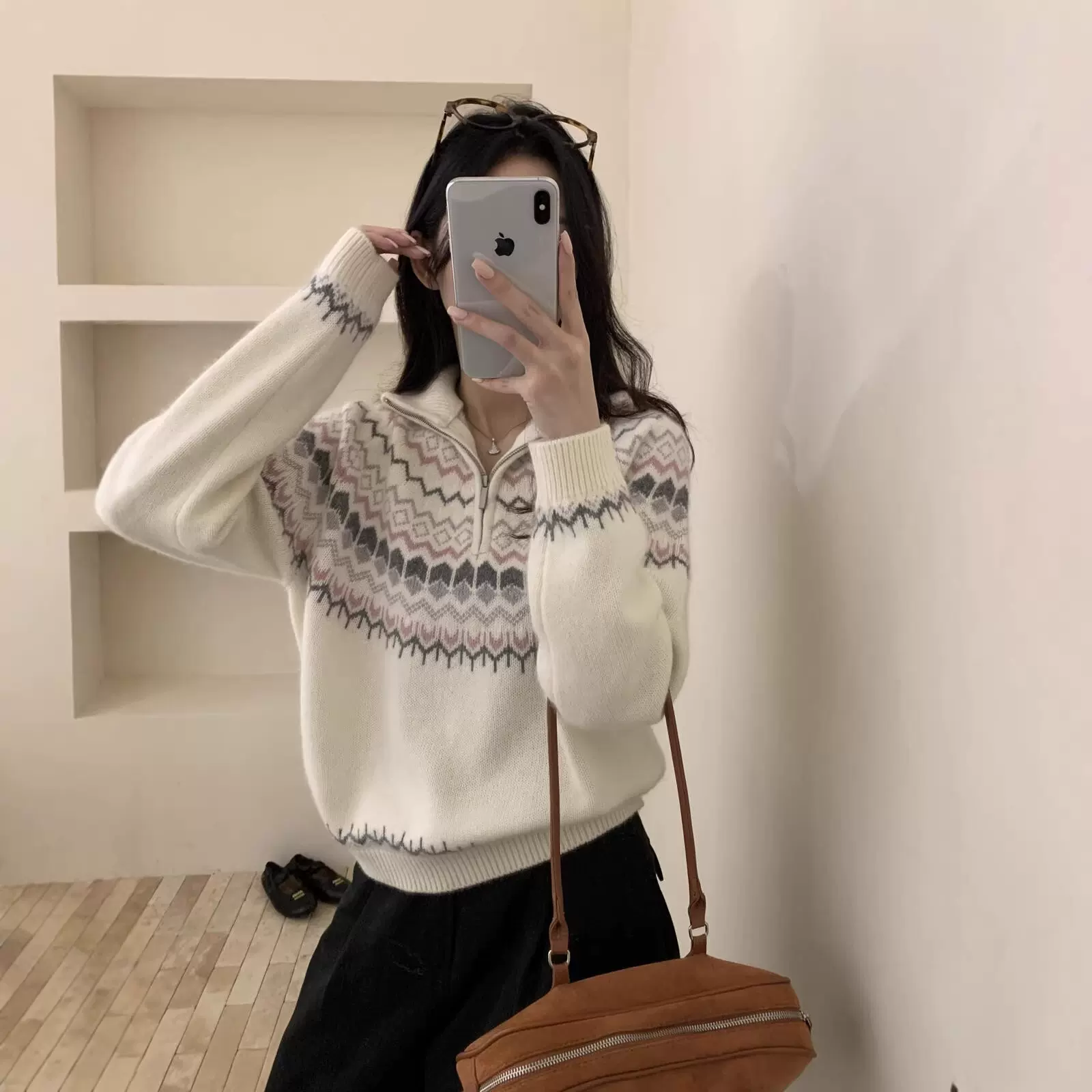 2025冬季新款毛衣费尔岛风格子时尚百搭半拉链提花羊毛针织衫女