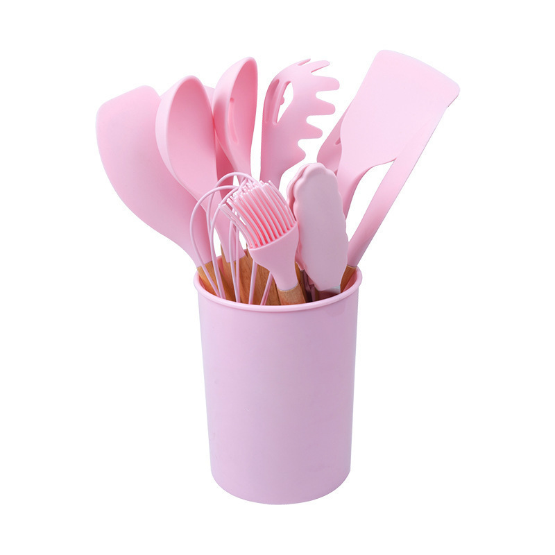 Utensilios de cocina 19 piezas traje mango de madera pala de cocina de silicona cuchara color antiadherente cuchillo cocinero Cubo de almacenamiento combinación nuevo