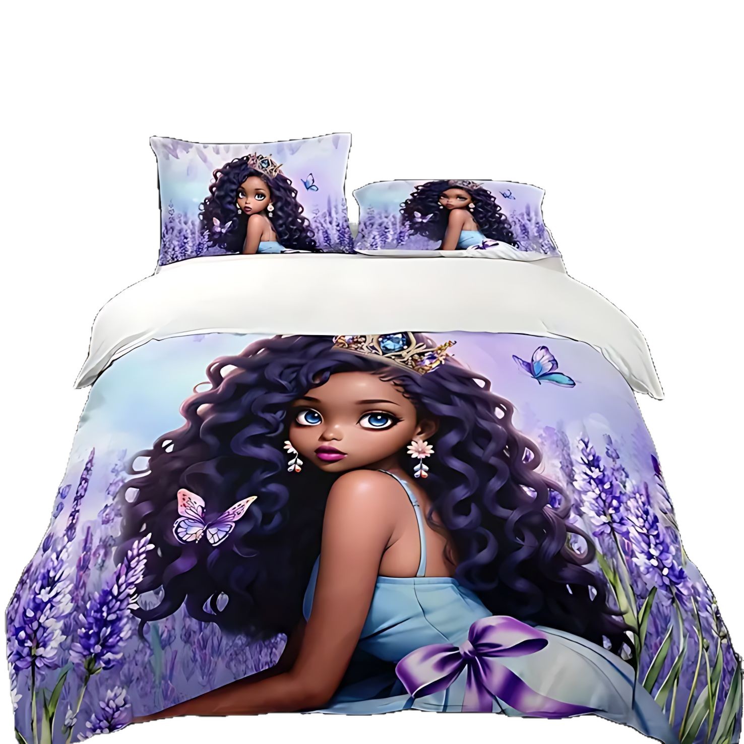 TEMU / JIT juguetón modelo de niña de piel negra impresión digital HD suave y cómodo conjunto de edredón