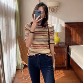 自留款好看撞色条纹小众设计短袖羊毛针织上衣女2022年春季新款