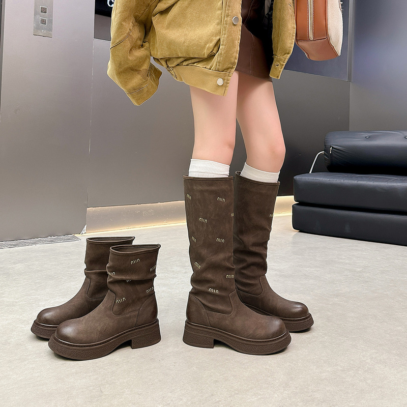 2025新款字母长筒靴女烟筒靴洋气瘦瘦短靴小个子厚底棕色马丁靴女|undefined