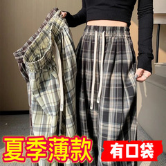 ワイドレッグパンツチェック柄英国パンツ女性の夏のレトロヴィンテージスタイルレースアップカジュアルハイウエストストレート薄型パンツ