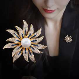 高级感珍珠太阳花西服胸针女精致胸花别针厂家直销