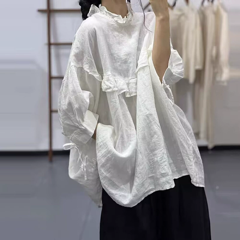 Летняя оригинальная кукольная рубашка в художественном лесном стиле с рюшами, свободная универсальная льняная рубашка для ленивых, уменьшающая возраст