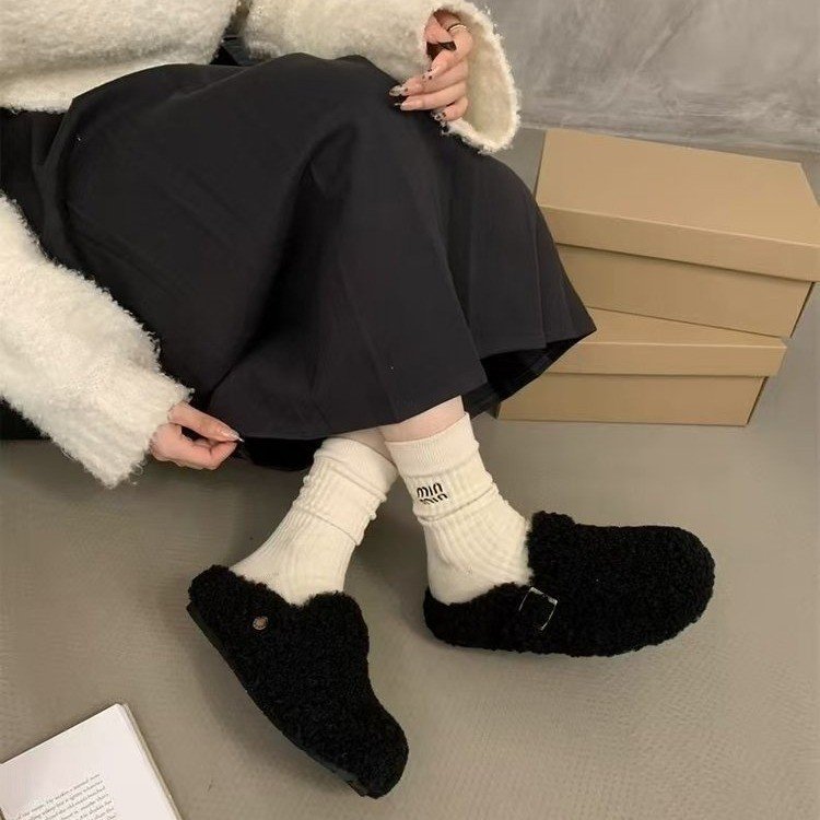 保暖加绒羊羔毛毛鞋女2025冬季新款时尚外穿厚底包头博肯鞋半拖鞋|undefined