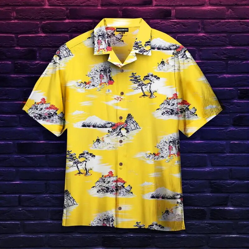New Men's Hawaiian Yellow Shirt with Creative Chinese Landscape Painting, Short-Sleeve Aloha Shirt, Cuban Style for Summer