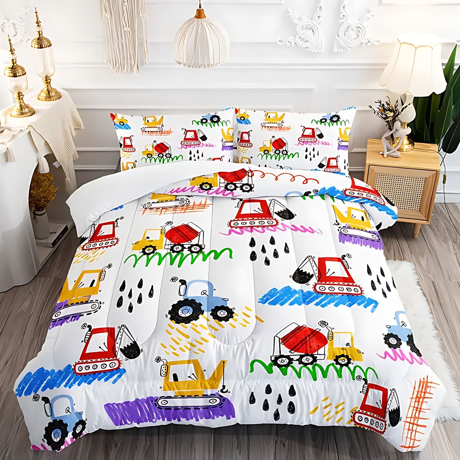 TEMU / JIT Transfronterizo Camión de dibujos animados impresión digital HD 180gms colcha colcha almohada conjunto de ropa de cama