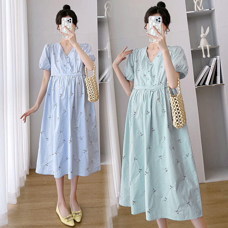 in stock Real Shot Maternity Summer New plus size Women's V-neck Cotton Short Sleeve Breastfeeding Mid-length dress