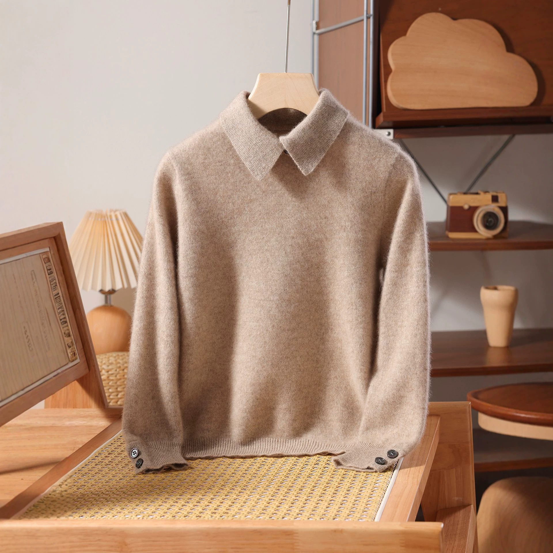 Children's POLO collar wool sweater, boys and girls, autumn and winter simple sweater, baby single button solid color knit pullover top