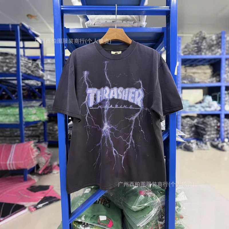 Thrasher 26Ss Lightning Print Washed Half-Sleeve Retro Style Graphic Trendy Brand Short-Sleeve T-Shirt Thrasher 26Ss Lightning Print Washed Half-Sleeve Retro Style Graphic Trendy Brand Short-Sleeve T-Shirt