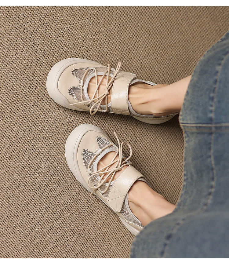 Giày sneaker nữ đế dày ren lưới phối màu cổ thấp — màu trắng ngà chi tiết 17