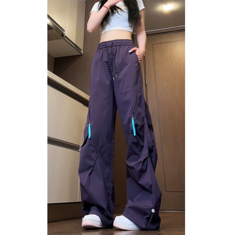 Women's Early Autumn Thin American-Style Paratrooper Cargo Pants with Zipper, Waterproof and Quick-Drying Hiking Long Pants in Plum Purple