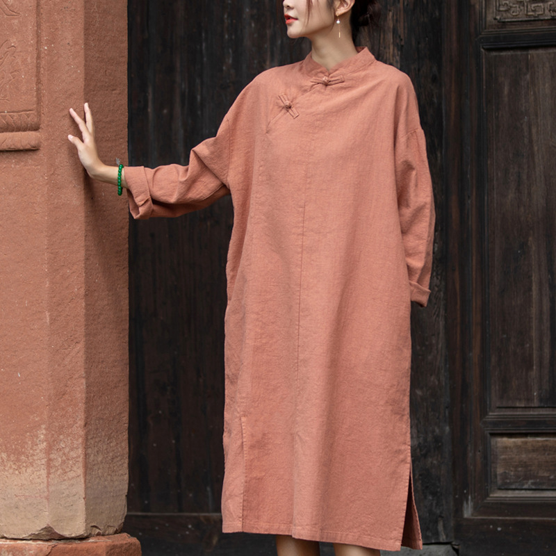 2026 Spring New Chinese Style Women's Retro Handmade Buttoned Patchwork Zen-Inspired Long Dress Slimming Qipao Dress for Women