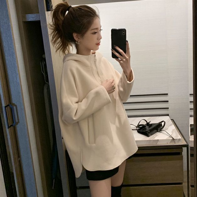 运动加绒加厚卫衣女秋冬连帽拉链韩版新款宽松大码学生长袖套头潮|undefined