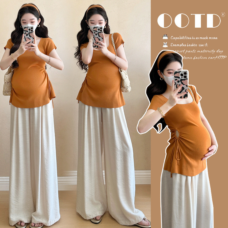 Pregnant Women's suit Summer Fashion Korean Elegant Slimming Square Collar Ice Silk Short Sleeve Knitted Top Casual Wide Leg Pants