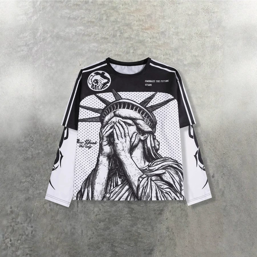 2025 Европейская и американская модная спортивная футболка с длинным рукавом, американский сетчатый принт, повседневный круглый вырез, уличный свободный топ