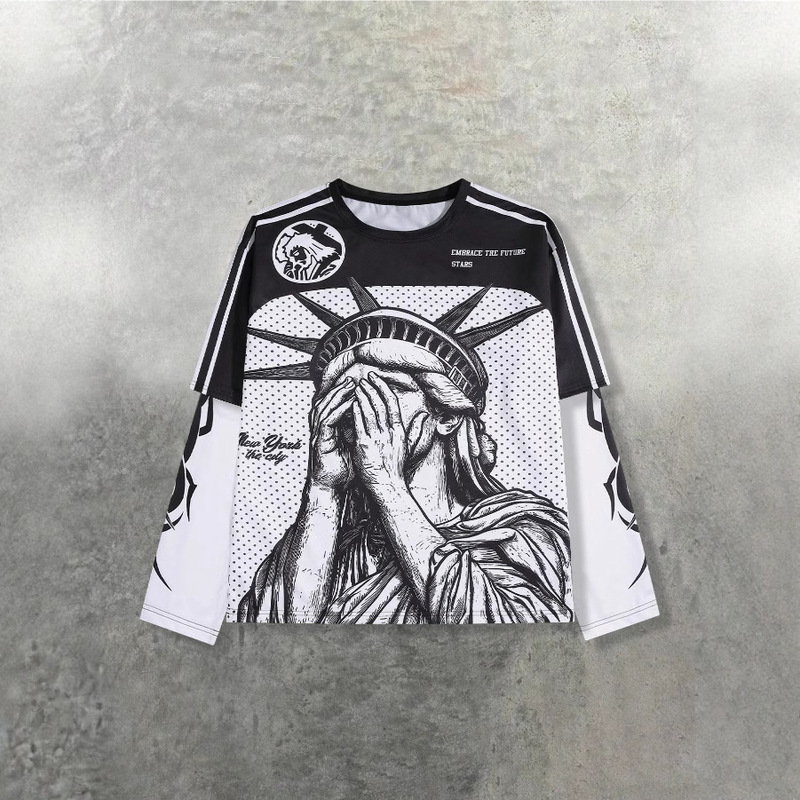 2025 European and American Fashion Sports Jersey T-Shirt Long-Sleeved American Mesh Print Casual Round Neck Street Loose Top 2025 European and American Fashion Sports Jersey T-Shirt Long-Sleeved American Mesh Print Casual Round Neck Street Loose Top