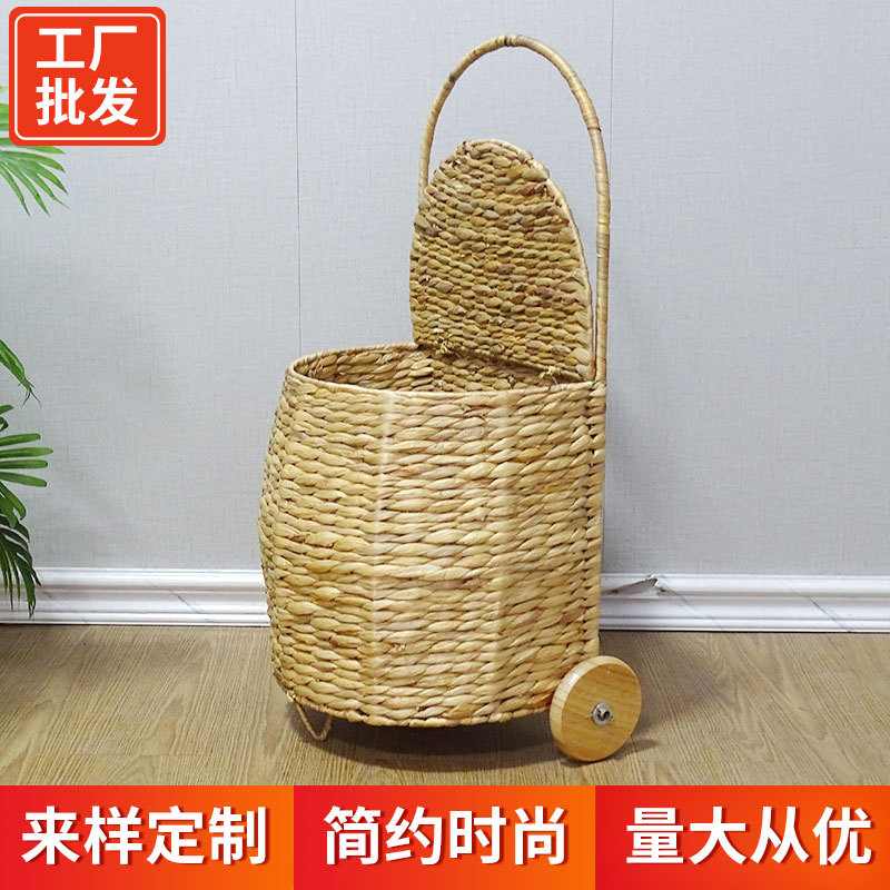 海草编织小拉车衣服编织收纳筐水果蔬菜编织购物车便携厂家供应