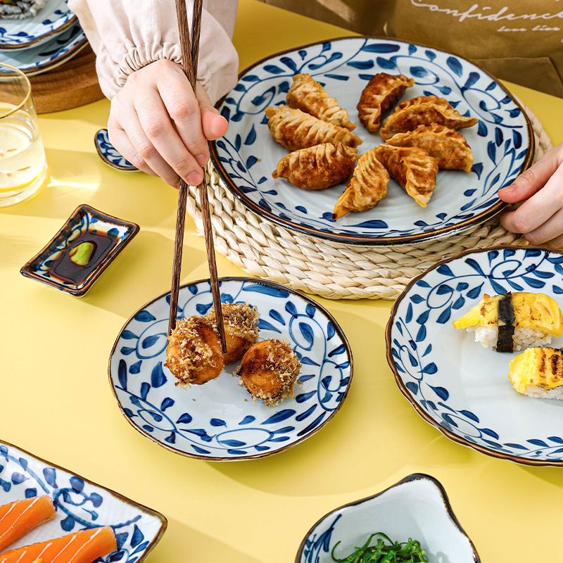 Creative Japanese Retro Tableware Hook Vine Flavor Plate Sushi Plate Dinner Plate Long Plate Home Hand-Painted Ceramic Soup Bowl Fish Plate