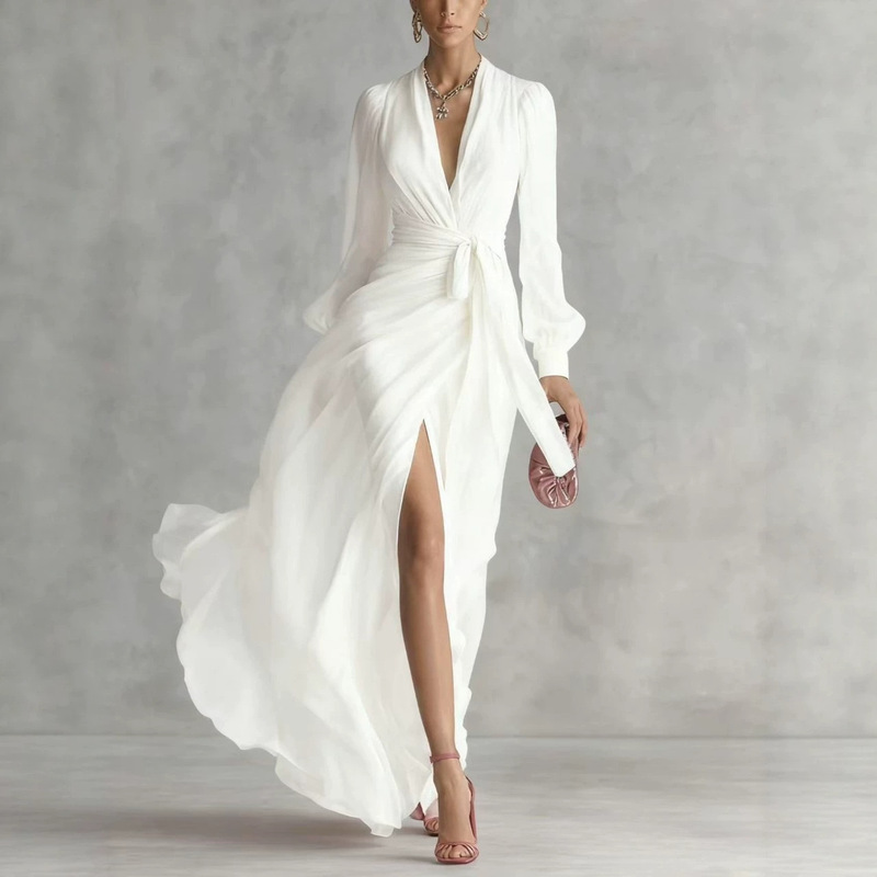 2026 European and American Cross-Border New Style V-Neck Waist-Cinching Long-Sleeve High-Slit Flowing Chiffon Dress for Women