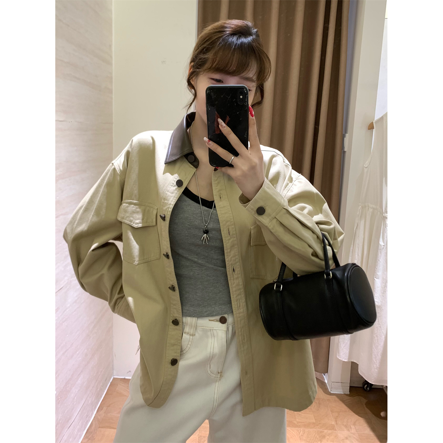Qadın qısa jaket, rəng bloklu, düyməli, iş üslubu