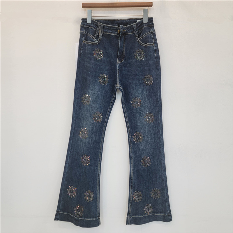 Vintage americano lavado con agua elástico flor caliente taladro de moda jeans recto para mujeres pantalones largos largos casuales de piernas anchas