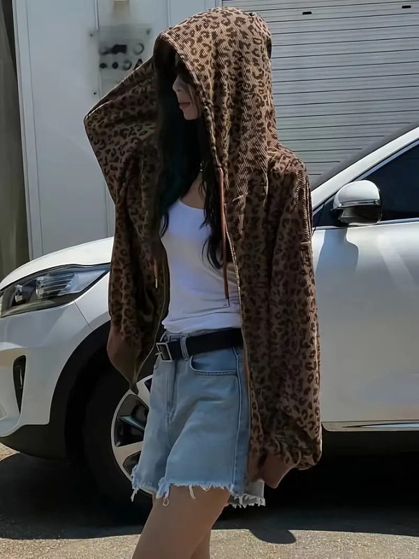 2025欧美跨境外贸女装豹纹拉链连帽衫宽松休闲长袖灯芯绒外套夹克|undefined