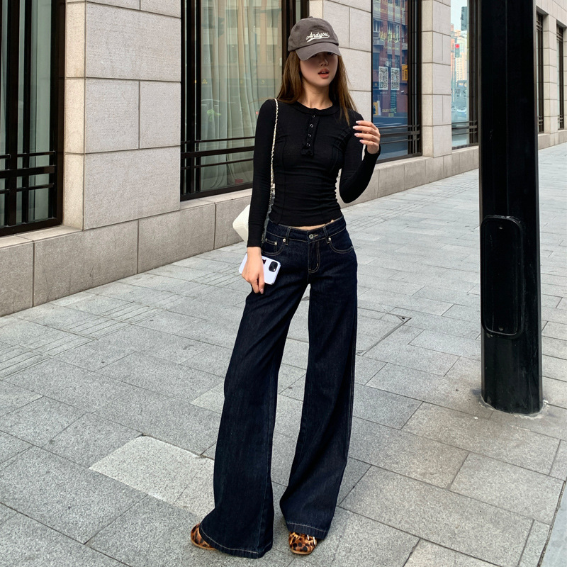 [Jinyin] American-style Retro Wide-leg Jeans Women's Spice Girls New Slim Low-waisted Low-rise Slop Pants Trousers