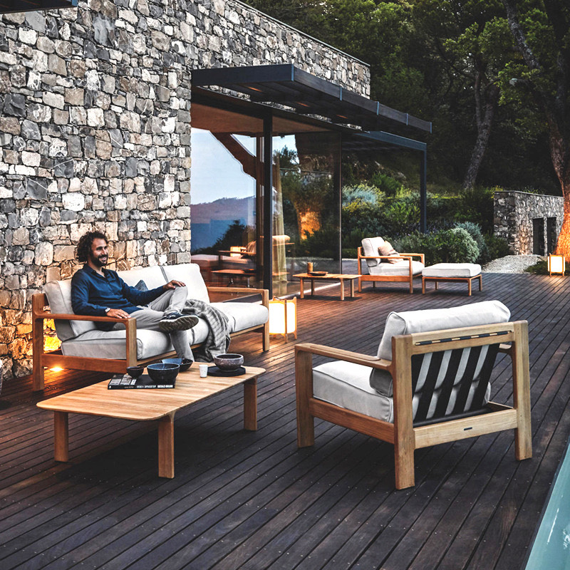 Sofá de madera sólida al aire libre Jardín al aire libre patio ocio mesa de té de teca combinada al aire libre muebles impermeables y protectores solares