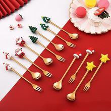 跨境304不锈钢家用创意圣诞萌趣勺叉卡通勺叉甜品勺六件礼盒套装