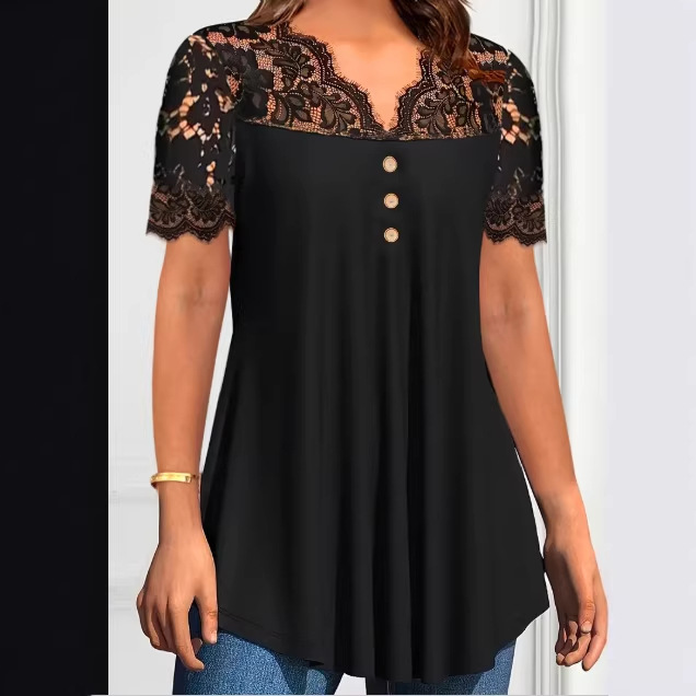 2026 Cross-Border Amazon Temu Spring and Summer New European and American Women's Clothing Solid Color Lace Short-Sleeved V-Neck Casual Shirt
