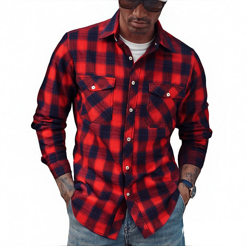 Cross-Border Exclusive Supply of New Spring Styles, Versatile Men's Clothing, Brushed Plaid Shirts, Large Size Slim Fit Fashionable Long-Sleeved Shirts for Men