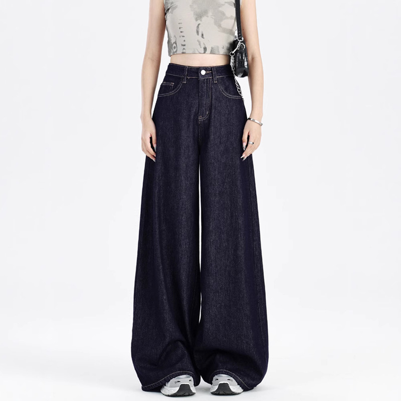 Dark Blue American-Style Loose Wide-Leg Jeans for Women, 2026 New Style, Drapey, Casual, Floor-Length Straight Wide-Leg Pants