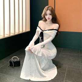 法式漂亮独特一字肩修身包臀长裙小众巨好看的长袖连衣裙2025秋季