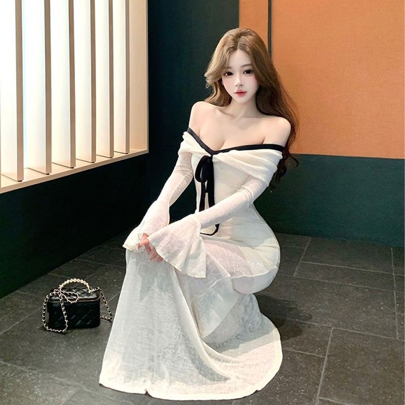 French-Style Beautiful Unique Off-Shoulder Slim-Fit Bodycon Long Dress Niche Stunning Long-Sleeve Dress 2025 Autumn