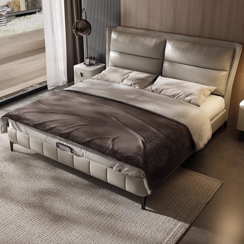 Italian Light Luxury Leather Bed Pneumatic Storage Bed Small Apartment Soft Bag Double Bed High-end Atmospheric Master Bedroom Wedding Bed New Style