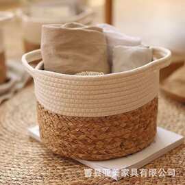 跨境手工编织收纳筐拼色家居大容量衣物整理篮可手提零食筐脏衣篮