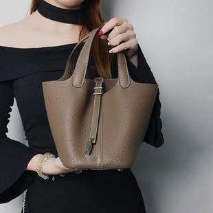 Basket, leather capacious shoulder bag, cowhide, genuine leather