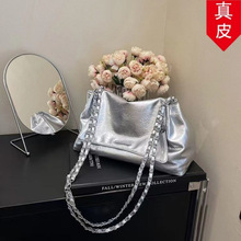 香港代购真皮银色包包女大容量百搭链条单肩斜挎包上课通勤托特包