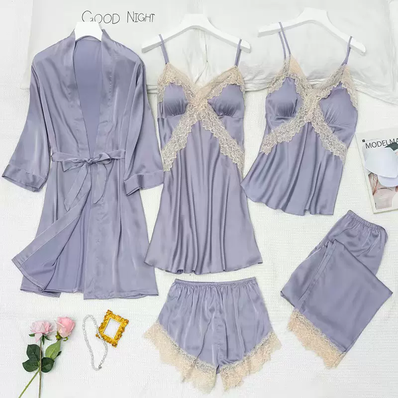 春夏女冰丝睡衣薄款大码宽松五件套性感吊带家居服带胸垫睡裙睡袍