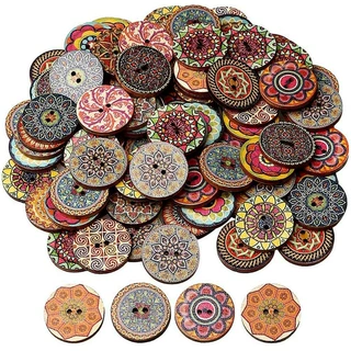 200PCS 木制纽扣2孔2眼复古彩绘木扣子DIY缝制工艺装饰钮扣子套装