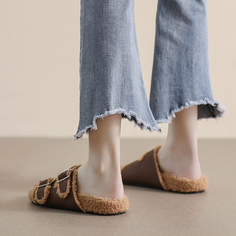 Meisje Bont Slippers Dames S Bovenkleding Herfst En Winter Een Woord Riem Plus Fleece Katoenen Schoenen Om Warm Te Houden Net Rood Groot Formaat_voghion.com