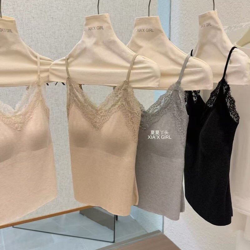 New autumn collection: Pure and alluring lace V-neck camisole with thin straps, versatile mulberry silk camisole with beautiful back design NY01366