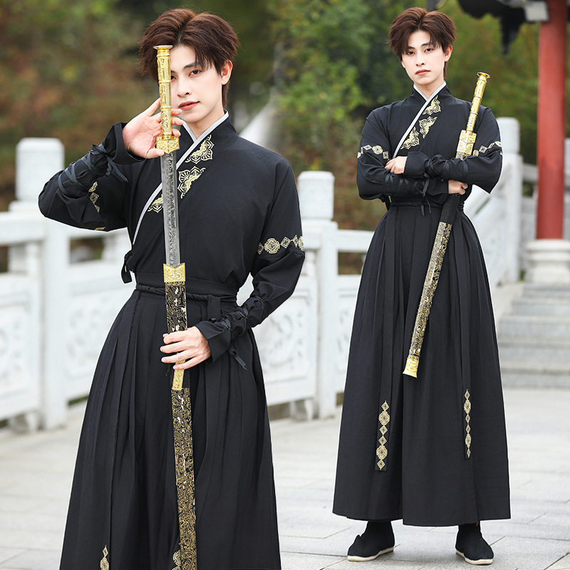 New Original black style Wei Jin Han clothing men's ancient style domineering black chivalrous student group uniform class uniform suit New Original black style Wei Jin Han clothing men's ancient style domineering black chivalrous student group uniform class uniform suit