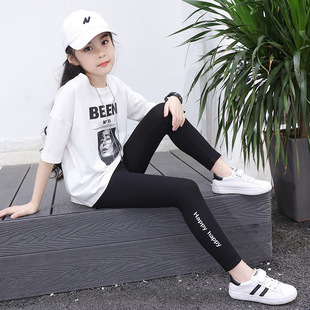 24 Summer Girls' Leggings Student Children Thin Outer Wear English Thread Tight Korean Style Ankle-length Pants Modal