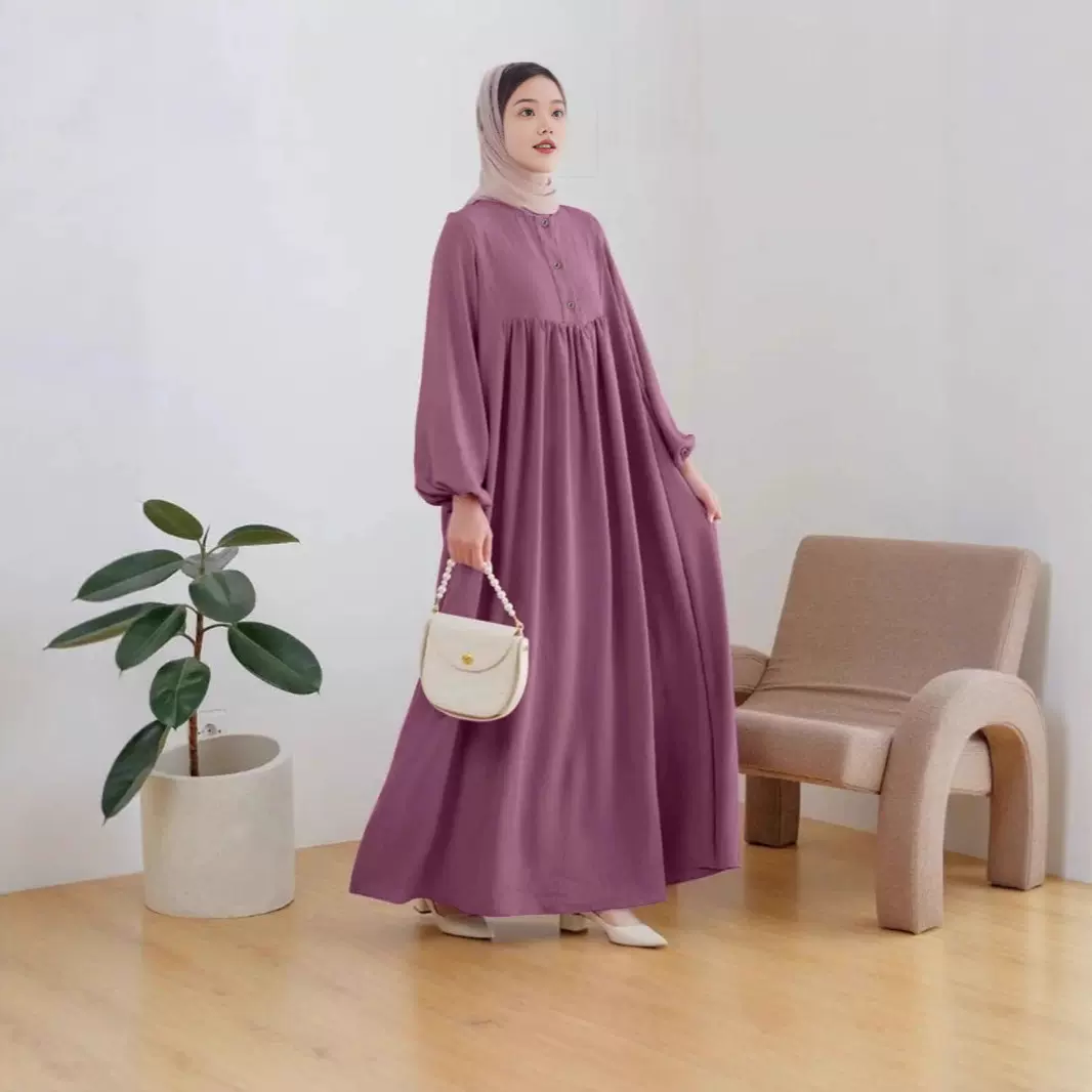 跨境穆斯林女装长袍春秋时尚休闲泡泡袖简约纯色连衣裙宽松长袖
